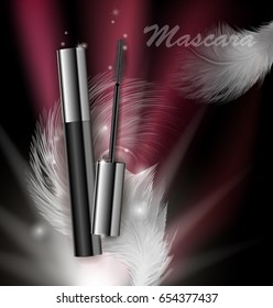 Cosmetics beauty series, ads of premium mascara on a dark background. Template for design posters, placard, logo, presentation, banners, covers, vector .