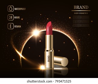 Cosmetics beauty series, ads of premium female lipstick for skin care. Template for design poster, placard, presentation, banners, cover, vector illustration.