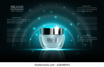 Cosmetics beauty series, premium body cream for skin care on blue background, template for design poster, placard, presentation, banners, cover, vector illustration 