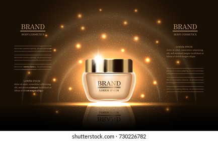 Cosmetics beauty series, premium body cream for skin care on gold background, template for design poster, placard, presentation, banners, cover, vector illustration.