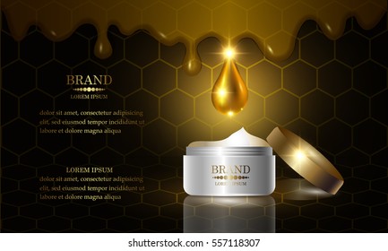 Cosméticos série de beleza, embalagem de creme de mel premium para cuidados com a pele. Modelo para cartaz de design, cartaz, apresentação, banners, capa, ilustração vetorial.