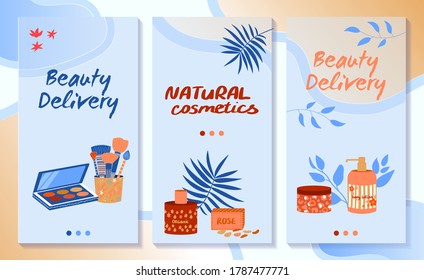 Cosmetics beauty vector illustration. Cartoon flat cosmetic vertical banner collection, beautiful glamour eyeshadow makeup palette, natural body skincare bottle cream and nature scent perfume products