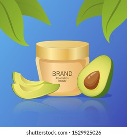 Cosmetics beauty.Premium avocado oil cream skin care.Template for design banner.Mock up of cosmetic package. Tropical palm leaves.Milk body lotion .Flat vector.Jar with golden lid.