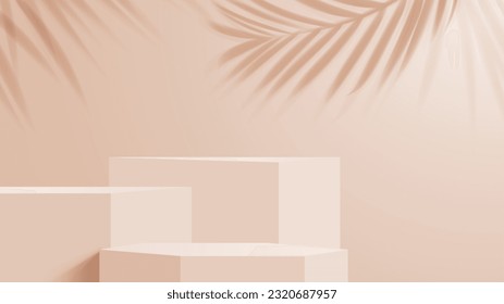 Kosmetik beiges Podium. 3D-Vektorgrafik minimaler Hintergrund mit geometrischer Plattform und Palmenblättern Schatten auf der Wand. Realistischer Renderstand für die Präsentation kosmetischer Schönheitsprodukte. Studioaufnahme