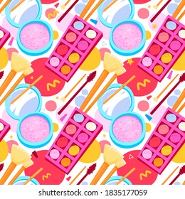 cosmetics big multicolored seamless pattern set of eyeshadow blush brushes