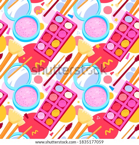 cosmetics big multicolored seamless pattern set of eyeshadow blush brushes
