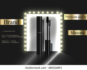 Cosmetics, black mascara on dark background near the mirror with light bulbs, brand, premium, realistic 3D vector, advertisement, banner, catalogue, design 