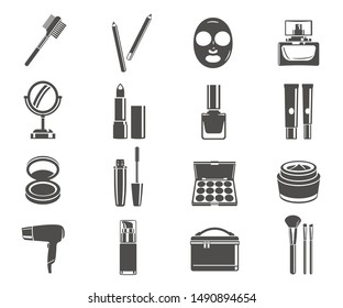 Cosmetics Black And White Glyph Icons Set. Beauty Salon, Cosmetology Monochrome Symbols Pack. Makeup Accessories, Beautician Tools. Hair Dryer, Clay Mask, Brushes, And Mirrors Vector Illustrations