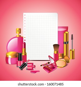 Cosmetics with blank sheet of paper on pink background in vector