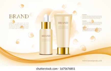 Cosmetics blossom ads with yellow blackground and 3d packaging