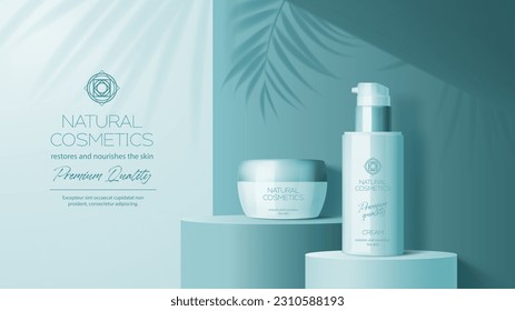 Cosmetics blue podium mockup or product display ad background, vector 3D template. Beauty product display podium with palm leaves shadow and cosmetics bottles of cream or lotion on premium blue podium