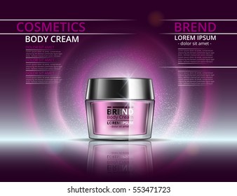 Cosmetics for body cream. Glass jar for design on a purple background. Vector illustration