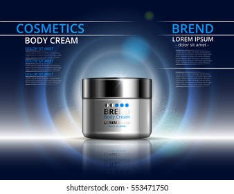 Cosmetics for body cream. Jar for design on blue background. Vector illustration