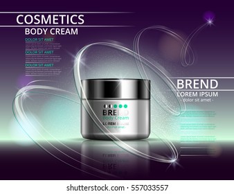 Cosmetics for body cream. Jar for design on a purple and turquoise background. Vector illustration