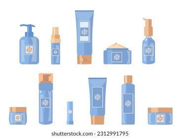 Cosmetics, body and face care products for women men. Lotions in tubes, jars, glass bottles. Deodorants, lipstic, shampoo, soap dispenser, face gel, serum. Flat vector illustration