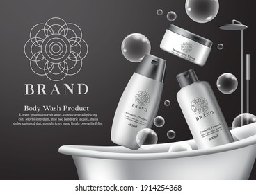 Cosmetics Body Wash Product Vector Banner Template. Cosmetic Bath Products Mock Up Bottles In Black Shower Room Background For  Hygiene Care Advertisement Promotion. Vector Illustration