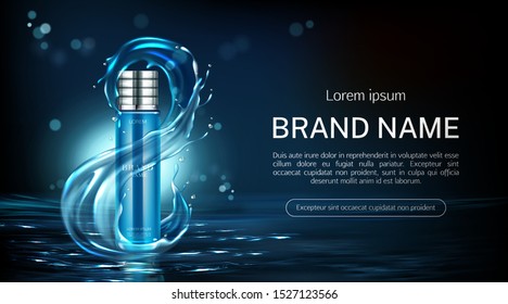 Cosmetics bottle anti aging product tube with infinity sign water splash mock up banner. Beauty cosmetic package on sea surface background. Night moisturize lotion. Realistic 3d vector illustration