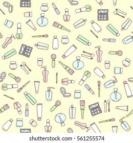 Cosmetics and bottle of beauty seamless pattern on yellow backgrounds