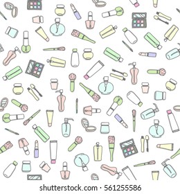Cosmetics and bottle of beauty seamless pattern isolated on white backgrounds