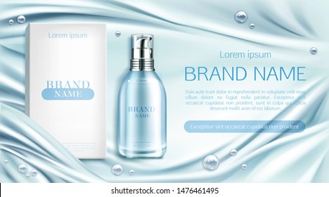 Cosmetics bottle and box mockup banner, natural beauty cosmetic product for face or body care on blue silky draped fabric background with pearl spheres, pump tube ad package design Realistic 3d vector