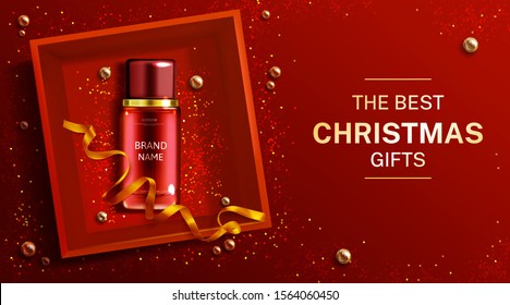 Cosmetics bottle christmas gift banner, beauty product red cosmetic tube in red box top view with gold ribbon on shiny xmas or new year background with sparkle pearls. Realistic 3d vector illustration