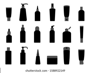 Cosmetics bottle icon set. Beauty products in jars with dispenser, pump. Cosmetics package. Black, grey tube for gel, cream, essence, lotion. Plastic container. Vector isolated on white background.