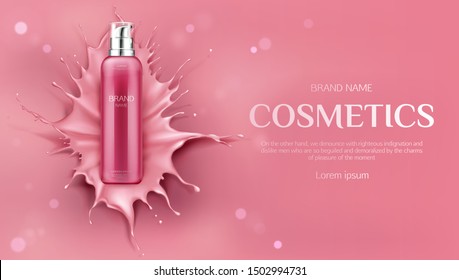 Bañera estética de frasco, cuidado de la piel de belleza tubo de bombeo de producto cosmético sobre fondo rosado líquido salpicado con gotas. Gel, promo de diseño de paquete crema y afiche Ilustración vectorial 3d realista,