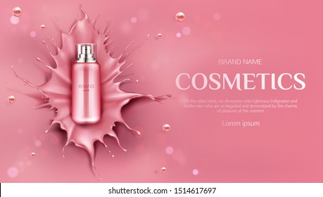 Cosmetics bottle mock up banner, beauty skin care cosmetic product spray tube on pink liquid splash background with drops. Lotion, gel package promo ad poster design. Realistic 3d vector illustration,