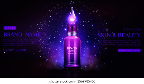 Botella de cosméticos se burla de la pancarta. Tubo cosmético con caída brillante, reparación noche belleza cuidado de la piel diseño del paquete de productos, página de aterrizaje revista y plantilla de promoción Ilustración realista 3d vectorial