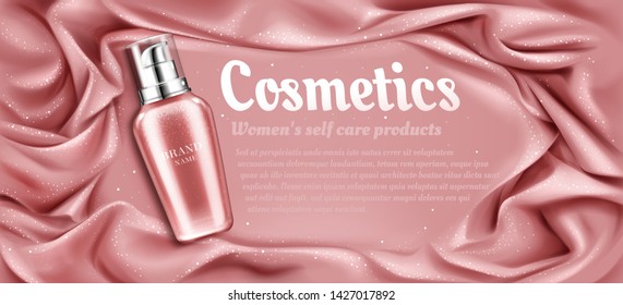 Cosmetics bottle mockup, natural beauty cosmetic product for face or body care on pink silky draped fabric background with glittering, pump tube package design Realistic 3d vector illustration, banner