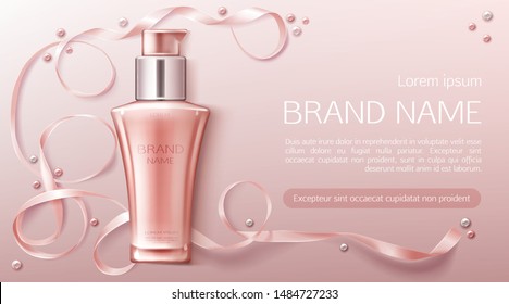 Cosmetics bottle mockup, natural beauty cosmetic product for face care on pink background with silk ribbon, bb cream or foundation pump tube package design. Realistic 3d vector illustration, banner