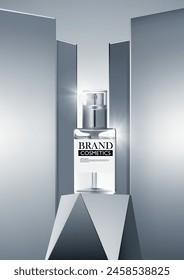 Cosmetics bottle on abstract geometric hemisphere stage . product ad presentation on showroom . Vector illustration.