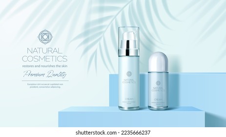 Cosmetics bottle on blue podium. Beauty and make up product promo banner, deodorant, perfume or antiperspirant packaging realistic vector mock-up with blue bottles on podium and palm plant shadow