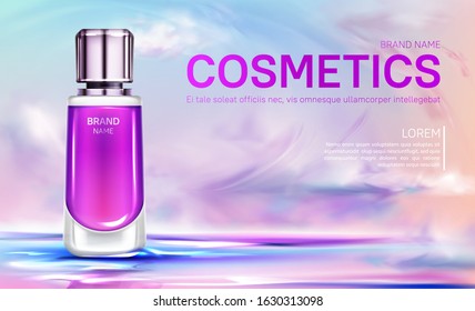 Cosmetics bottle on cloudy sky background, beauty product banner mock up, glass tube with pink liquid at sunrise heaven. Perfume, serum cosmetic advertising template. Realistic 3d vector illustration