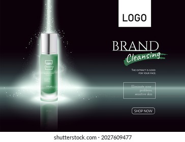 Botella de cosméticos sobre el efecto luz pancarta verde, tubo cosmético de cuidado de la piel de belleza, producto y presentación en la plataforma de la sala de exposición, vector 3d realista