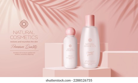 Cosmetics bottle on pink podium, vector 3d ad of beauty products for skin and hair care. Display platform, scene or pedestal with cream and shampoo bottles on background with palm leaves shadows - Shutterstock ID 2288126735