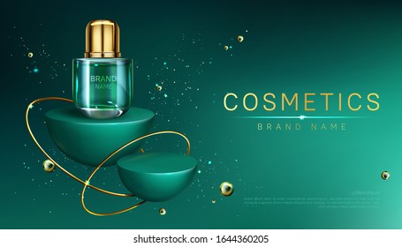 Cosmetics bottle on podium mock up banner, beauty skin care cosmetic tube on abstract geometric hemisphere stage, product ad presentation on showroom platform with golden pearls, Realistic 3d vector