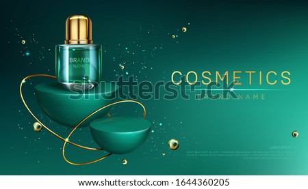 Cosmetics bottle on podium mock up banner, beauty skin care cosmetic tube on abstract geometric hemisphere stage, product ad presentation on showroom platform with golden pearls, Realistic 3d vector