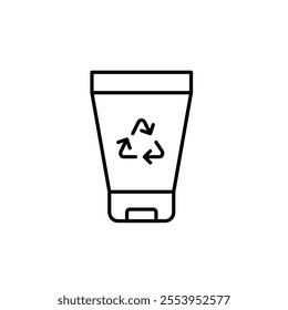 Cosmetics bottle and recycling arrows. Eco skincare, sustainable production. Pixel perfect vector icon 