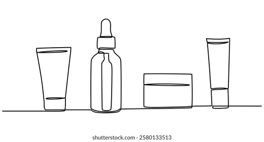 cosmetics bottle set continuous one line drawing, Cosmetics set outline. Cream tubes makeup continuous one line drawing. Face care items. Decorative product cosmetics on blue background, Aromatherapy.