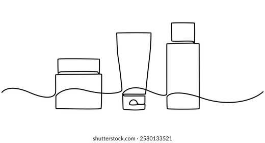 cosmetics bottle set continuous one line drawing, Cosmetics set outline. Cream tubes makeup continuous one line drawing. Face care items. Decorative product cosmetics on blue background, Aromatherapy.