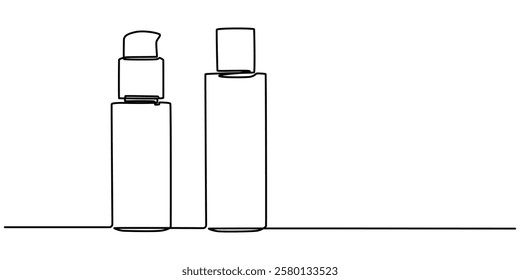 cosmetics bottle set continuous one line drawing, Cosmetics set outline. Cream tubes makeup continuous one line drawing. Face care items. Decorative product cosmetics on blue background, Aromatherapy.