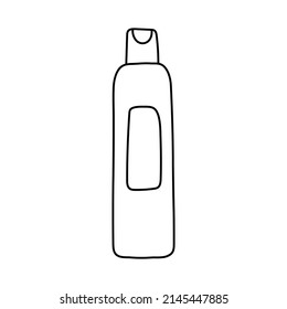 Cosmetics bottle with shampoo or balm. Hairdressing equipment line sketch.Hand drawn doodle icon. Vector illustration