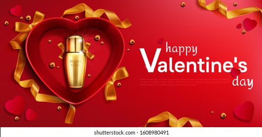 Cosmetics bottle for Valentine day in heart shaped gift box top view mock up banner, beauty product cosmetic tube on red background with sparkle pearls and gold ribbon Realistic 3d vector illustration