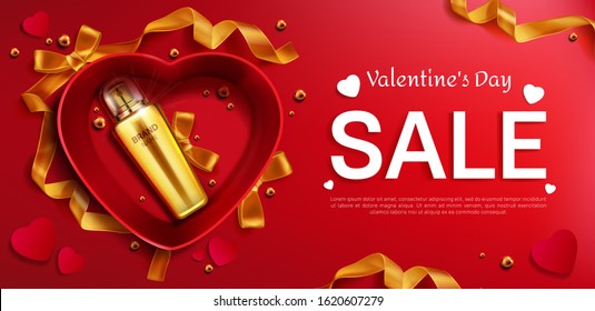 Cosmetics bottle for Valentine's day sale banner, gift beauty product in gold cosmetic spray tube lying inside of heart shaped box top view on red background with bows Realistic 3d vector illustration