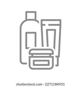 Cosmetics, bottles and cream, skin care line vector icon. Lotion bottle cosmetic tubes outline symbol.