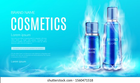 Cosmetics Bottles In Dry Ice Smoke Cloud Mockup Background. Cooling Beauty Cosmetic Product Tubes, Makeup Remover, Cream Or Tonic Advertising Promo Poster. Realistic 3d Vector Illustration, Banner.