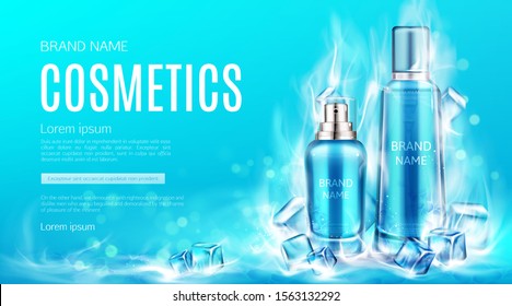 Cosmetics bottles in dry ice steaming cubes mockup banner. Cooling beauty product cosmetic tubes with lotion, gel or serum, advertising promo poster ad background. Realistic 3d vector illustration