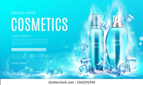 Cosmetics Bottles In Dry Ice Steaming Cubes Mockup Landing Page. Beauty Product Tubes With Cooling Cosmetic, Advertising Promo Poster, Ad Background. Realistic 3d Vector Illustration, Web Banner