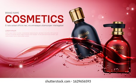 Cosmetics bottles mock up banner. Beauty product package design, red and black pump tubes floating on water surface background. Hair or skin care cosmetic ad mockup Realistic 3d vector illustration